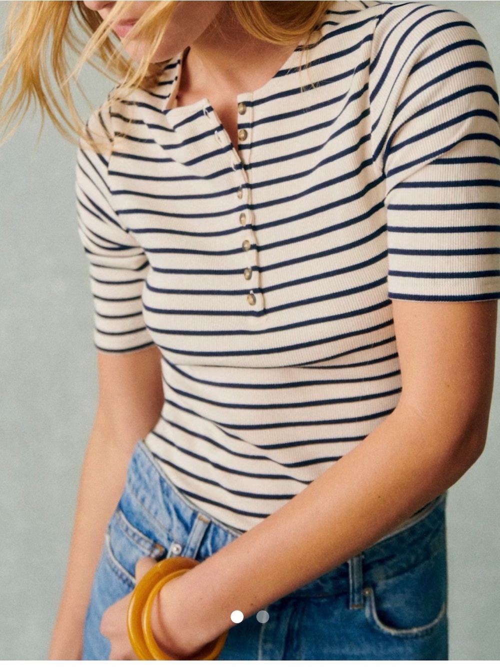 Sezane Theodora Striped Short-Sleeve Henley Top in Navy and Cream